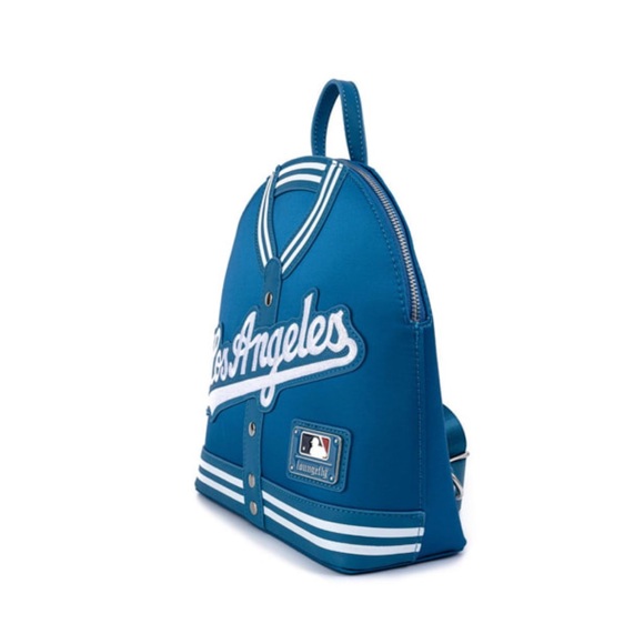 Loungefly MLB LA Los Angeles Dodgers Blue Satin Jacket Convertible Mini Backpack - Picture 4 of 11
